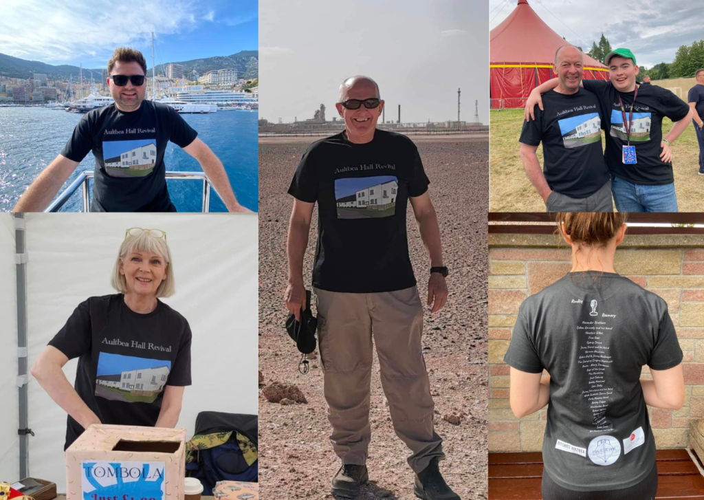Montage of people wearing Aultbea Hall T-shirts
